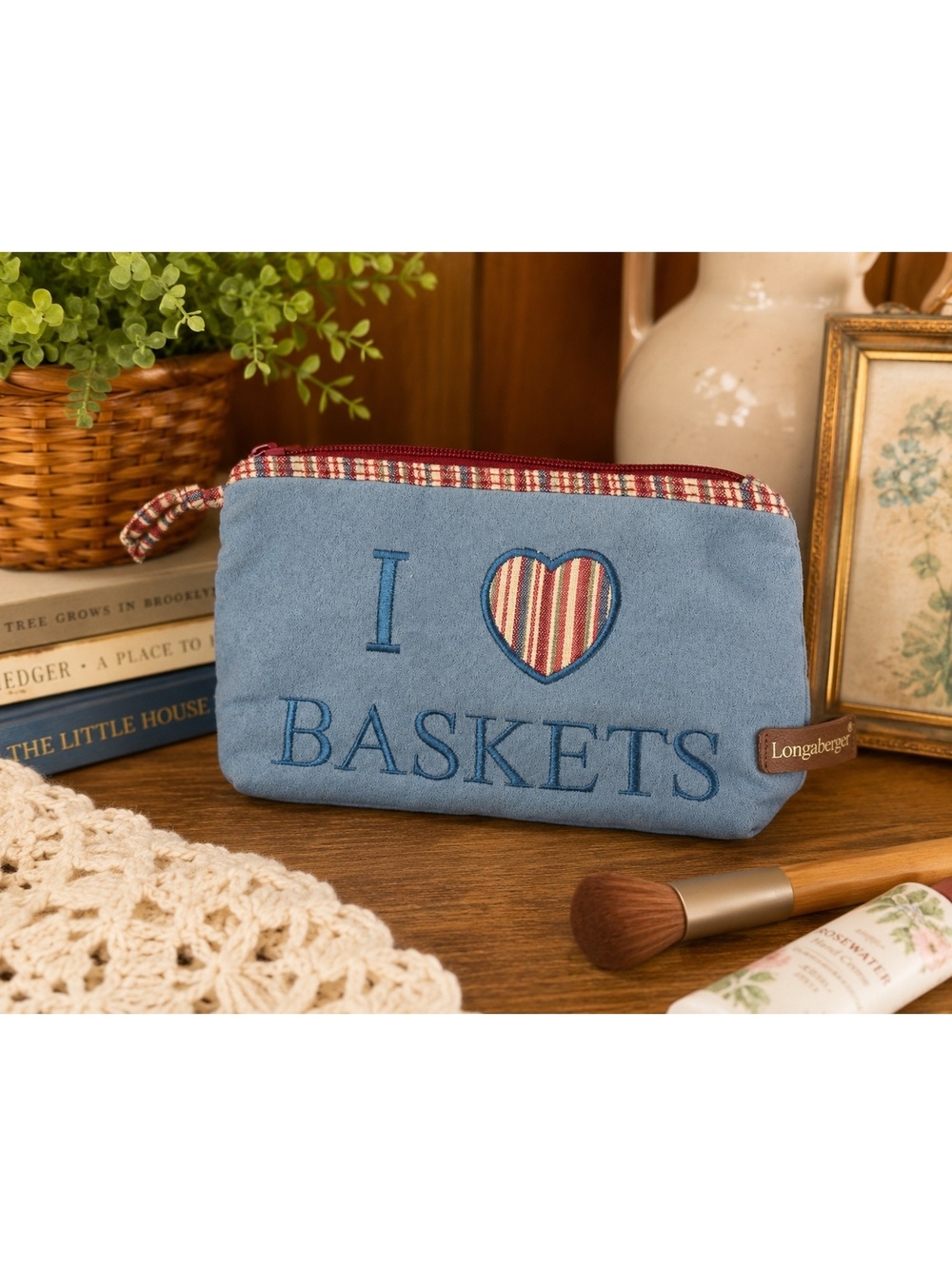 Longaberger I Love Baskets Zippered Cosmetic Bag Blue Travel Pouch